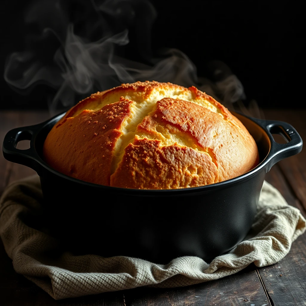 Sourdough bread baking inside a cast iron dutch oven